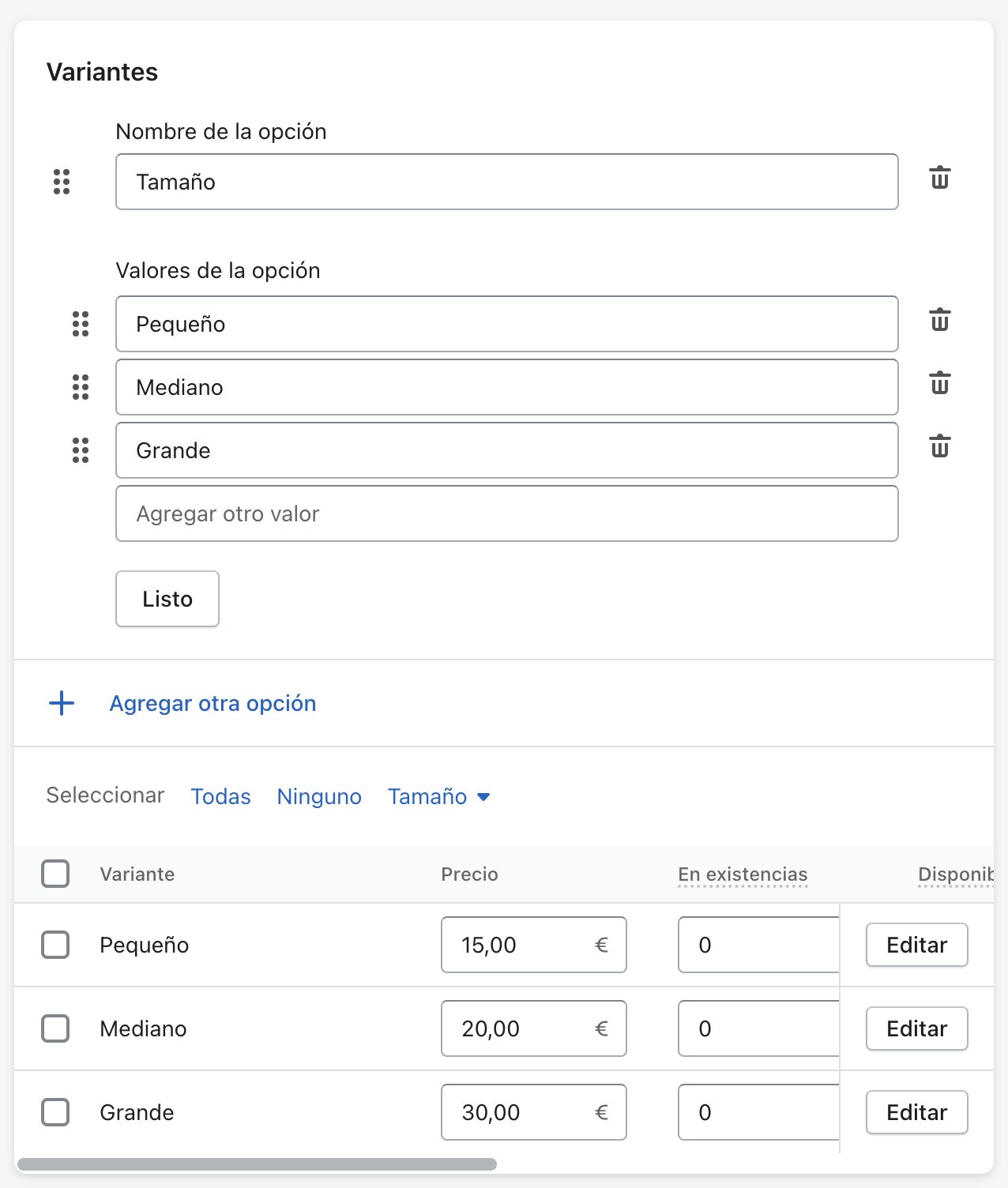 Variantes y opciones  